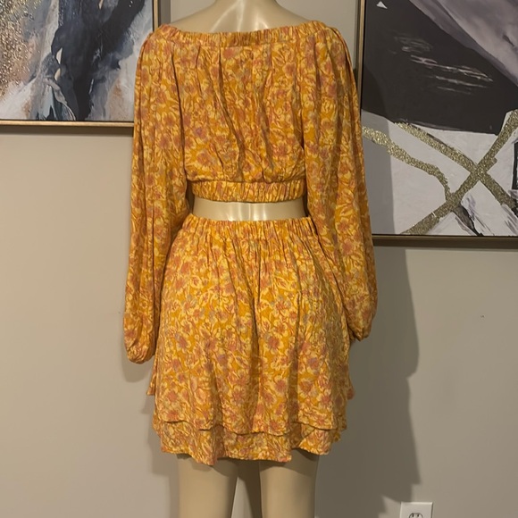 Free People Jael Cutout Mini Dress Golden Yellow Motif Floral Long Sleeve size M - Picture 9 of 11